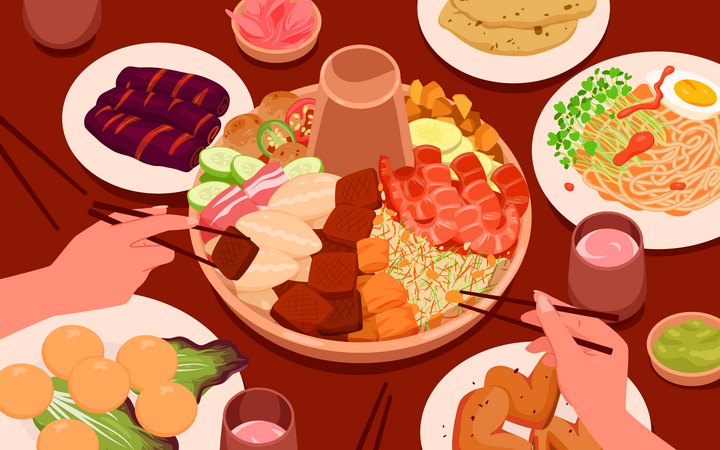 People eating japanese course  Illustration