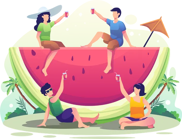 People Relaxing While Drinking Watermelon Juice In Summer Flat Vector Illustration 일러스트레이션