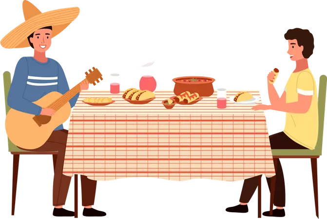 Dining Table With Tacos And Burritos Man In A Sombrero Is Playing The Guitar Guys Are Eating Mexican Food People In National Costumes Have Dinner Together Relatives Isolated On White Background Illustration