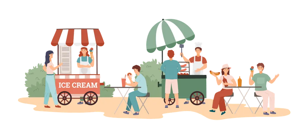 People eating street food at festival  Illustration