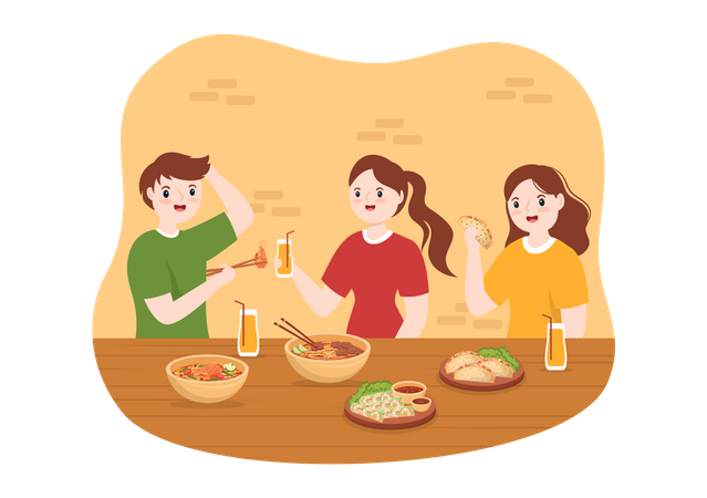 People eating Vietnamese Food  Illustration