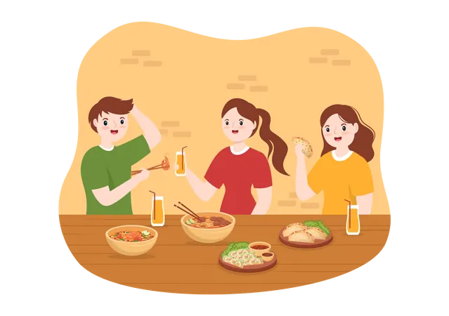 People eating Vietnamese Food  Illustration