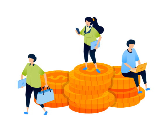 People engaged in activities around piles of money  Illustration