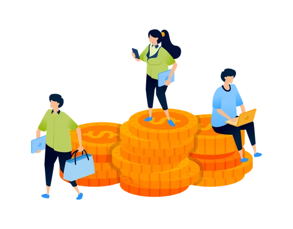 People engaged in activities around piles of money  Illustration