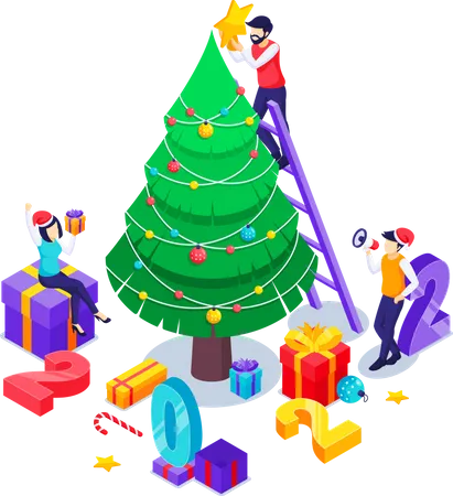 People Engaged In Decorating A Christmas Tree And Numbers 2022 Prepare To Celebrate New Year And Merry Christmas Isometric Vector Illustration Illustration