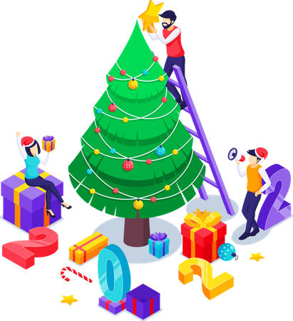People engaged in decorating a Christmas tree  Illustration