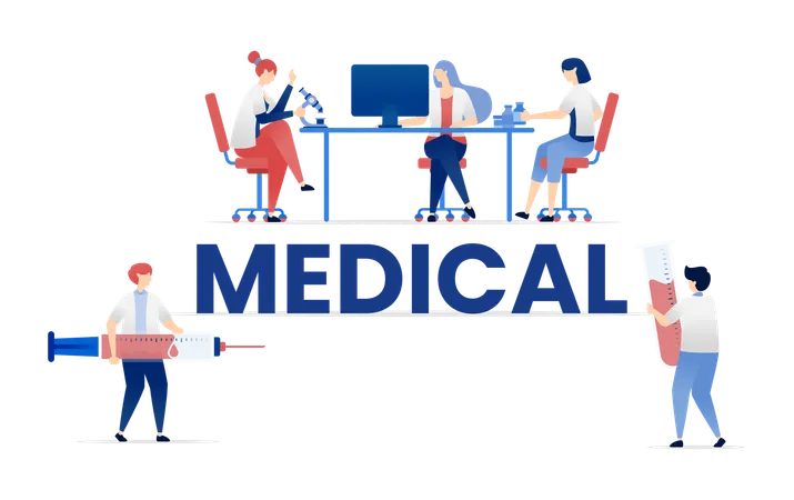 People Engaged in Medical Activities Under Medical Text  Illustration