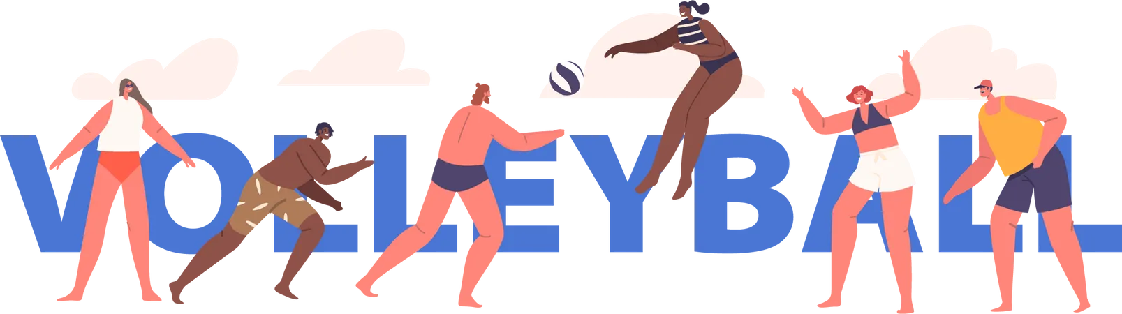 People Enjoy Beach Volleyball By Diving  Illustration