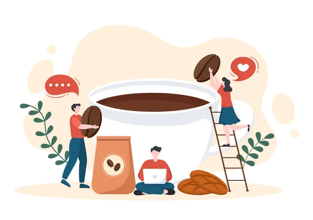 International Coffee Day On October 1st Flat Cartoon Illustration Hand Drawn With Cocoa Beans And People Drinking A Cup In Cafe Illustration