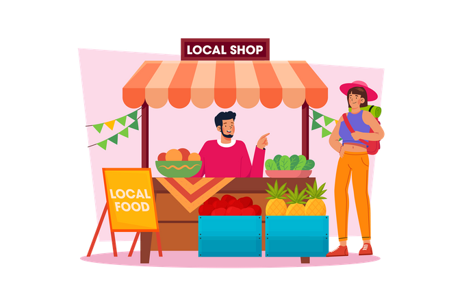 People enjoy local food and discover local culture  Illustration