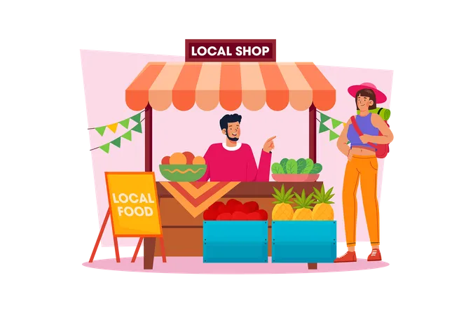 People Enjoy Local Food And Discover The Local Culture Illustration