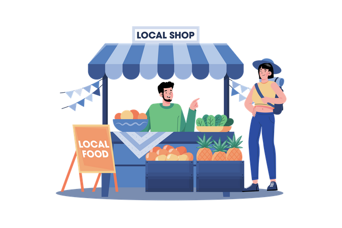 People enjoy local food and discover the local culture  Illustration