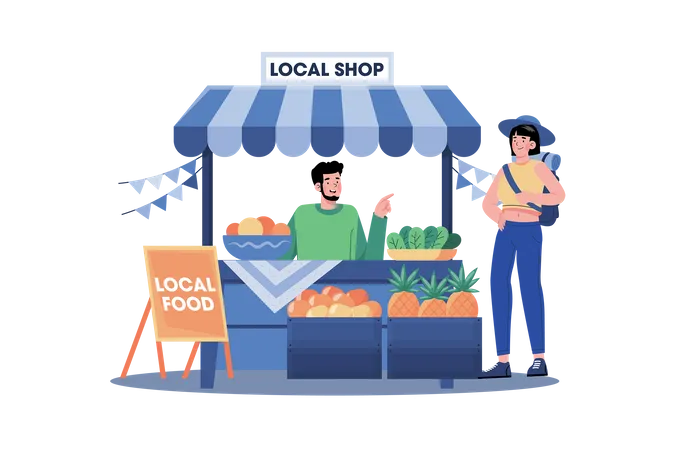 People enjoy local food and discover the local culture  Illustration