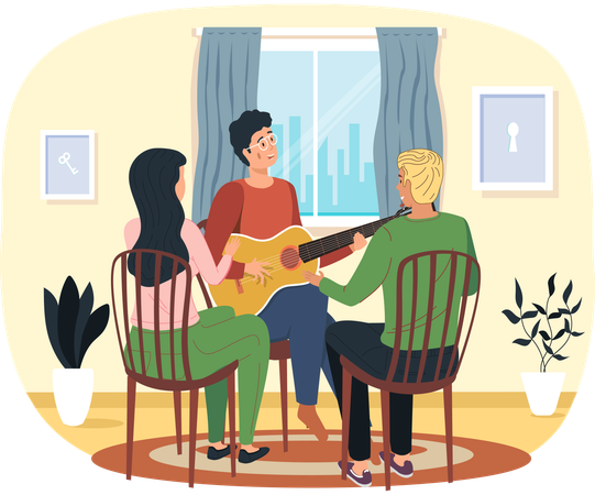 People enjoy time with acoustic guitar and listen to live music at home  Illustration