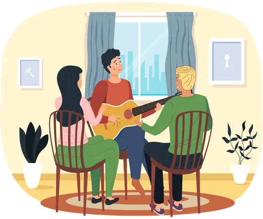 People enjoy time with acoustic guitar and listen to live music at home  Illustration