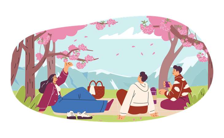日本の花見祭りで桜の木のある公園を楽しむ人々  イラスト