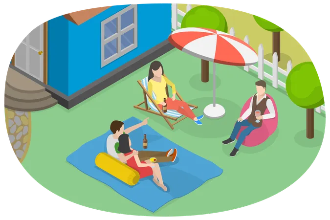 3 D Isometric Flat Vector Conceptual Illustration Of Backyard Party Summer Picnic And Outdoors Recreation Illustration