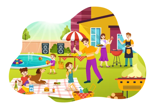 People enjoying Barbecue party  Illustration