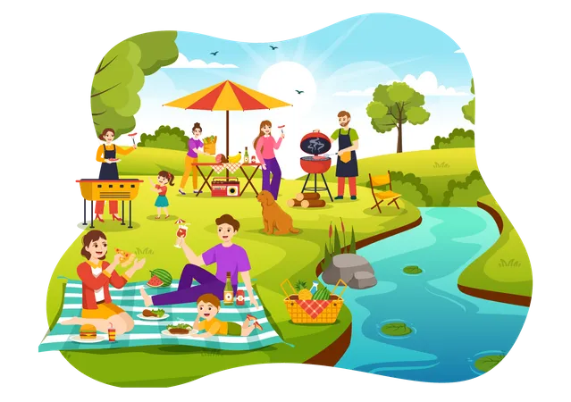 People enjoying Barbecue party  Illustration