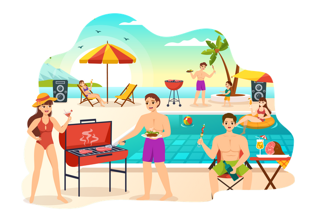People enjoying Barbecue party on beach  Illustration