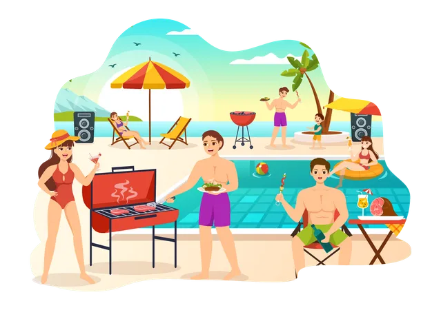 People enjoying Barbecue party on beach  Illustration