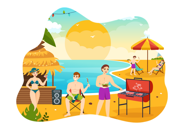 People enjoying Barbecue party on beach  Illustration