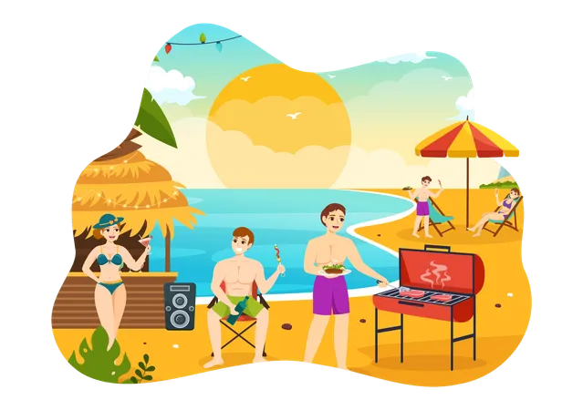 People enjoying Barbecue party on beach  Illustration