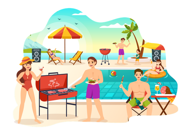 People enjoying Barbecue party on beach  Illustration