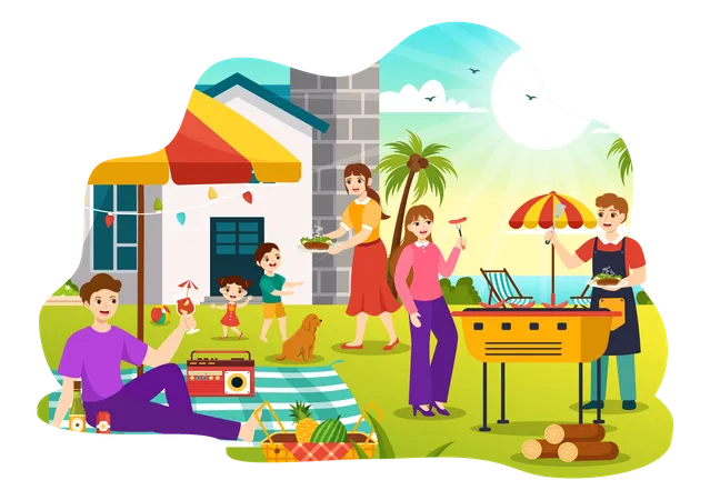 People enjoying BBQ Party in park  Illustration