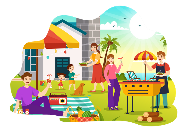 People enjoying BBQ Party in park  Illustration