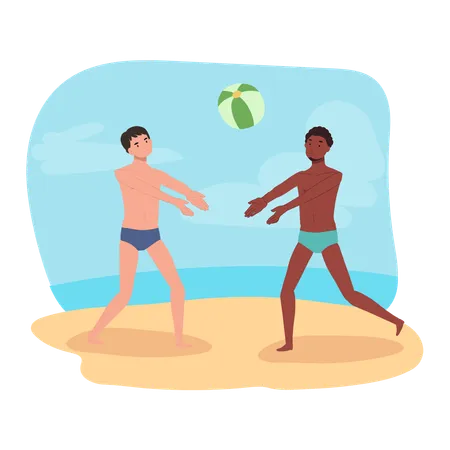People Enjoying Beachball Game  Illustration