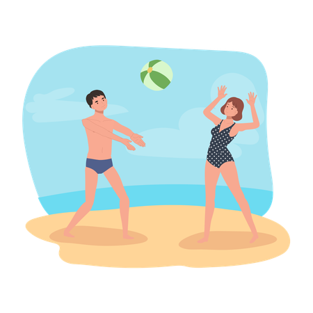 People Enjoying Beachball Game  Illustration