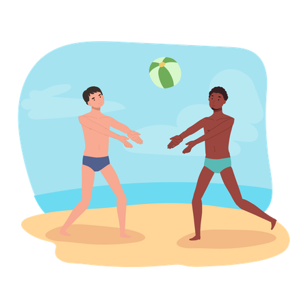 People Enjoying Beachball Game  Illustration