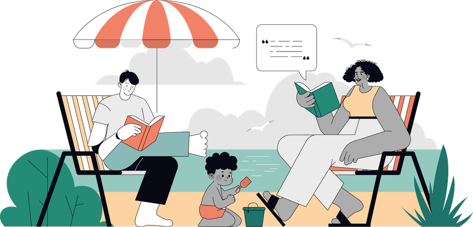 People enjoying book reading at sea shore  Illustration