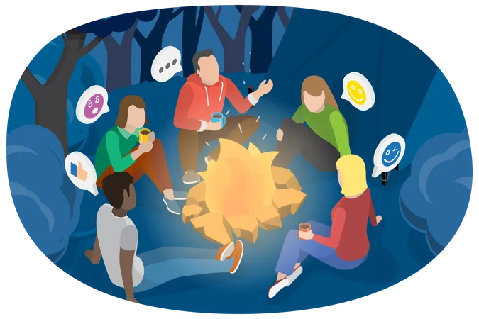 3 D Isometric Flat Vector Conceptual Illustration Of Campfire Story Camping And Storytelling Illustration