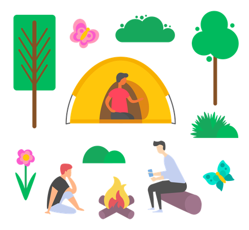 People enjoying camping in winter season  Illustration