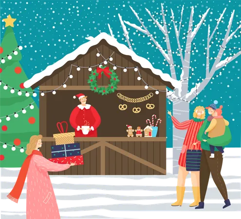 Christmas Market At Night In City People Walking In Evening Carrying Presents In Boxes Kiosk With Souvenirs And Food Decorated Pine Tree With Garlands And Star On Top Snowfall In Village Vector Illustration