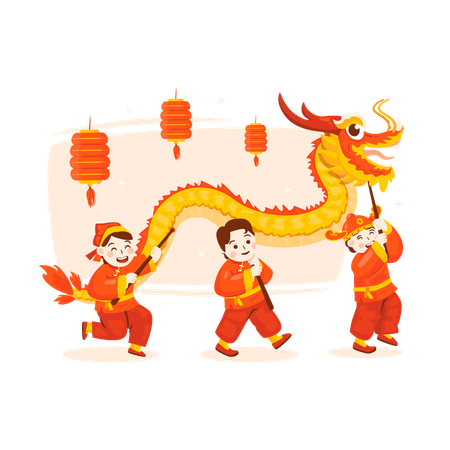 People enjoying Dragon dance show  Illustration