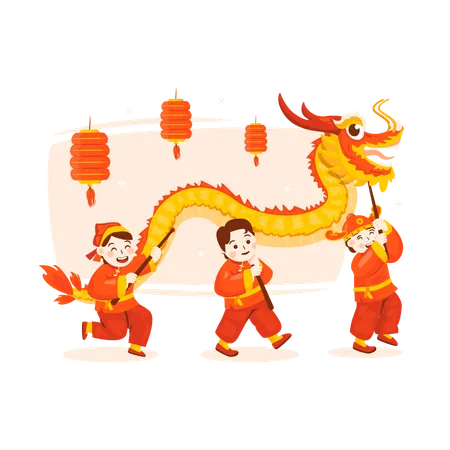 People enjoying Dragon dance show  Illustration