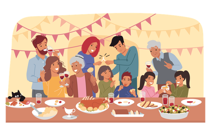 People enjoying family party on thanksgiving  Illustration