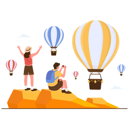 People enjoying Hot Air Balloon view  Illustration