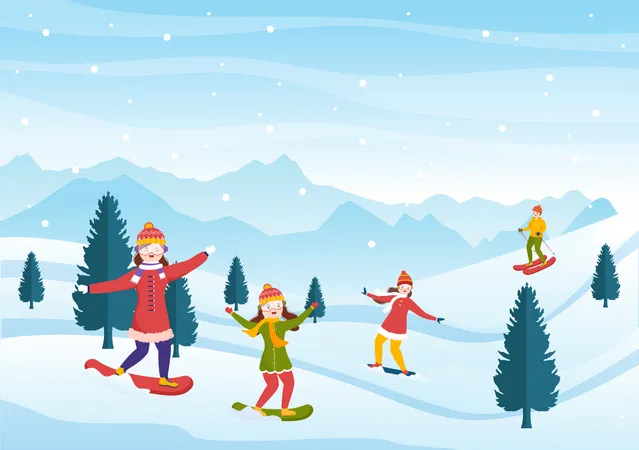 People enjoying ice snowboarding  Illustration