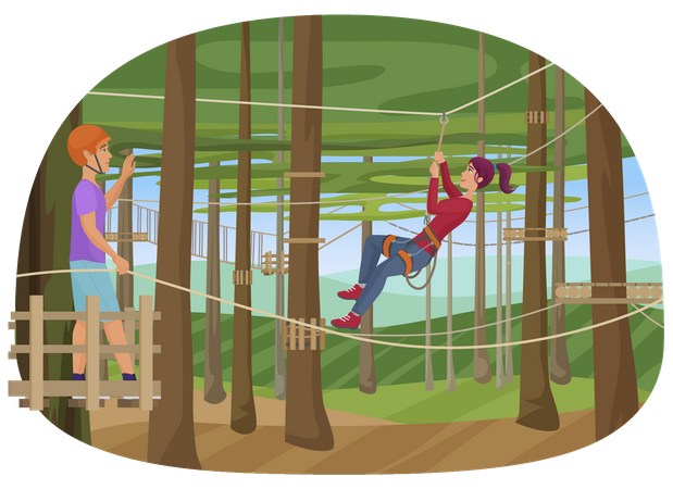 People Enjoying In Outdoor Adventure Park  Illustration