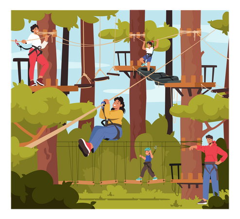 People Enjoying In Outdoor Adventure Park  Illustration