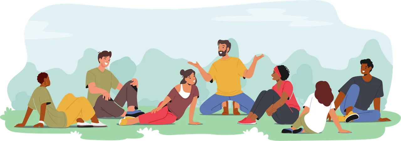 Characters Leisurely Recline Upon A Lush Green Meadow Basking In The Serenity Of Nature Sharing Laughter Stories And Moments Of Pure Joy Under The Open Sky Cartoon People Vector Illustration Illustration