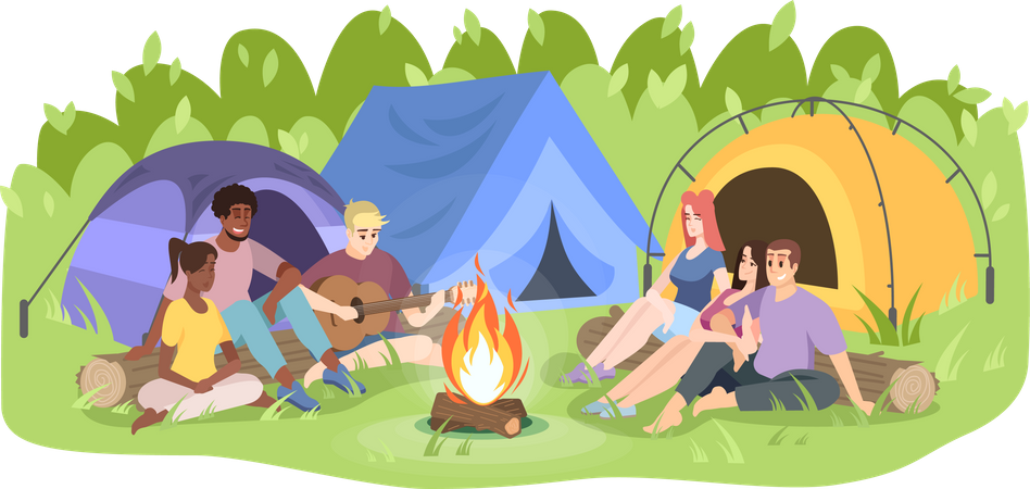 People enjoying music while camping Illustration