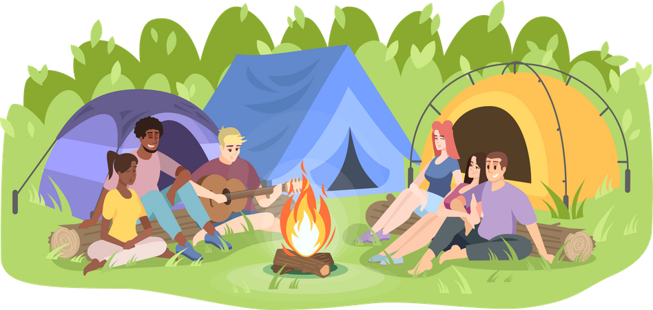 People enjoying music while camping  Illustration