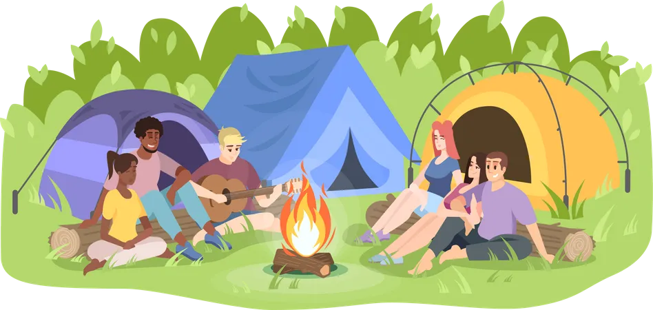 People enjoying music while camping  Illustration