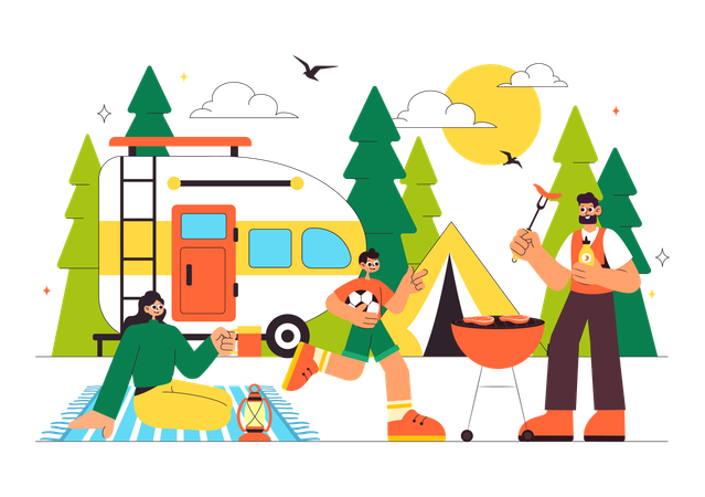 People enjoying on Summer Camping  Illustration