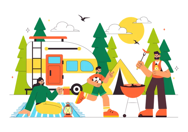 People enjoying on Summer Camping  Illustration